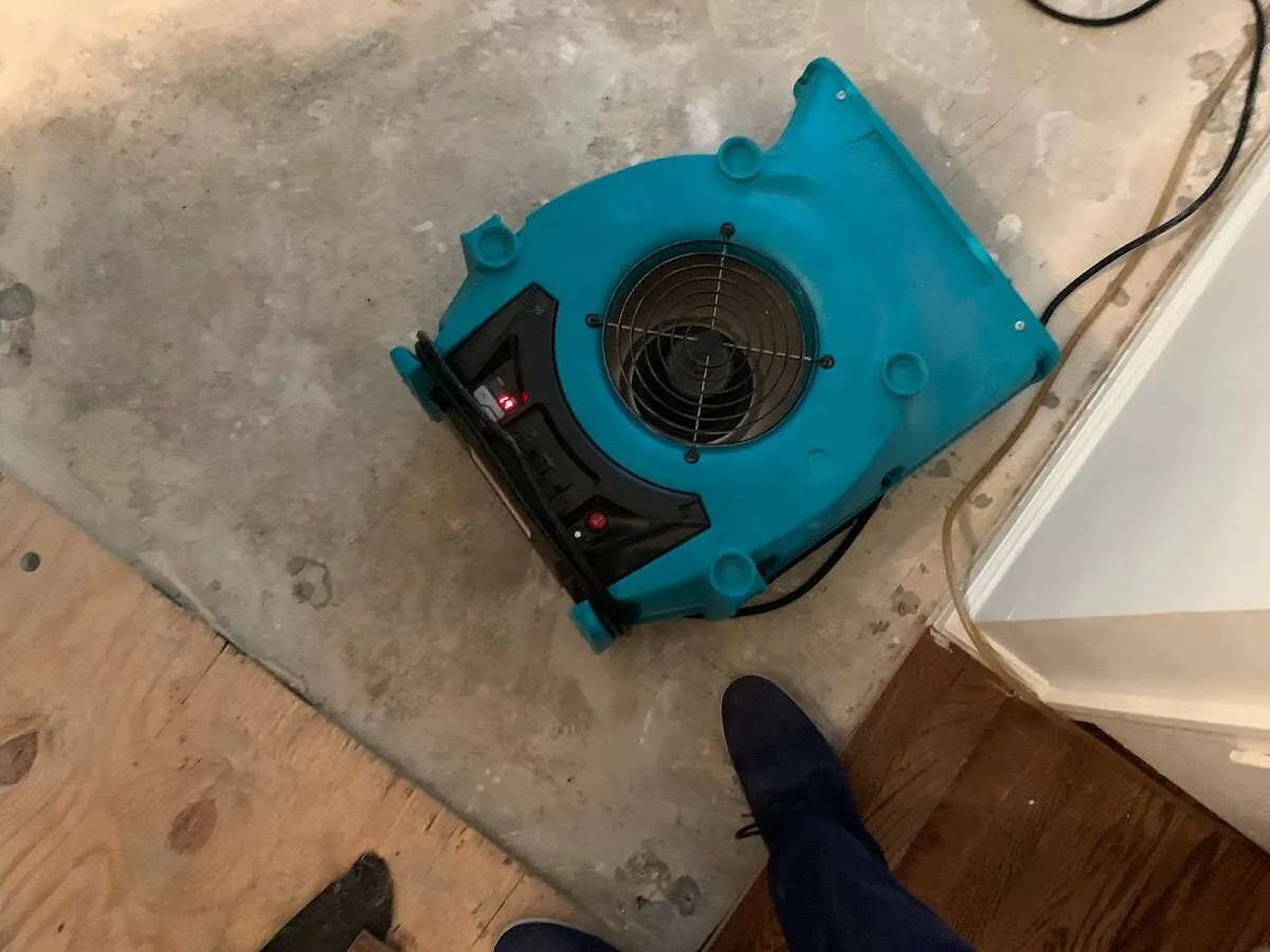Air mover drying subfloor during Leak Detection & Repair in New Burlington